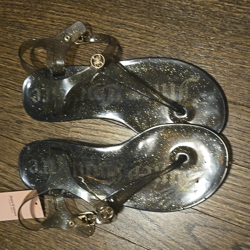 Juicy Couture Black Jelly Sandals with Gold Glitter Accents